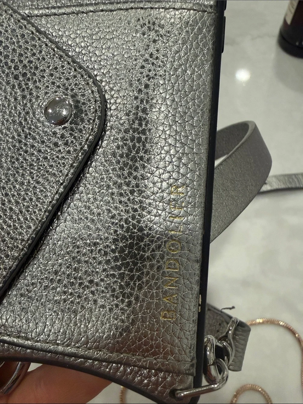 Bandolier Metallic Silver Pebbled Crossbody Phone Wallet iPhone 13 Pro Max